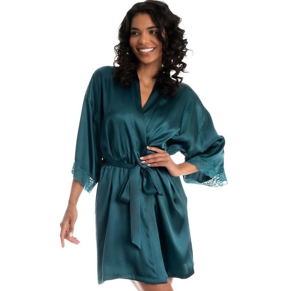 Lilac+London Emerald Green Satin Wrap Short Sleeve Robe size Medium